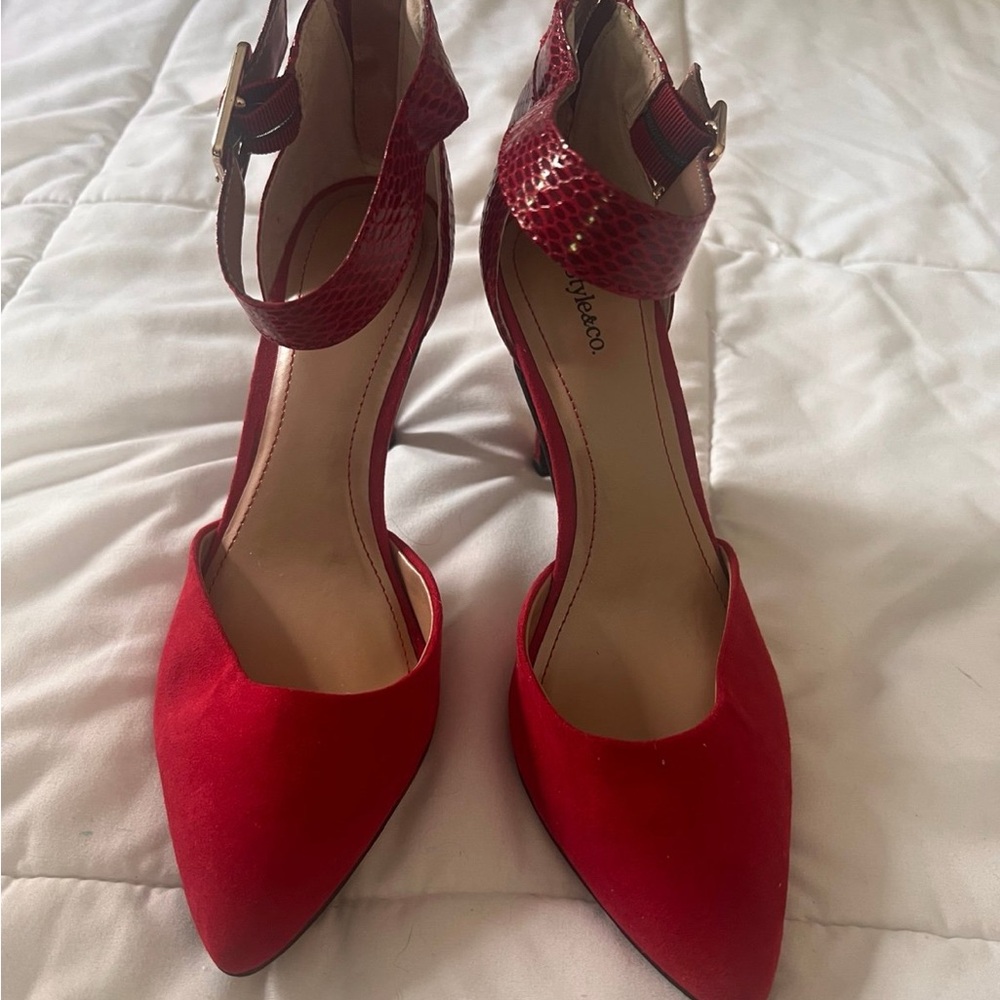 Style & Co Red Heels with Pointed Toe and Ankle Strap